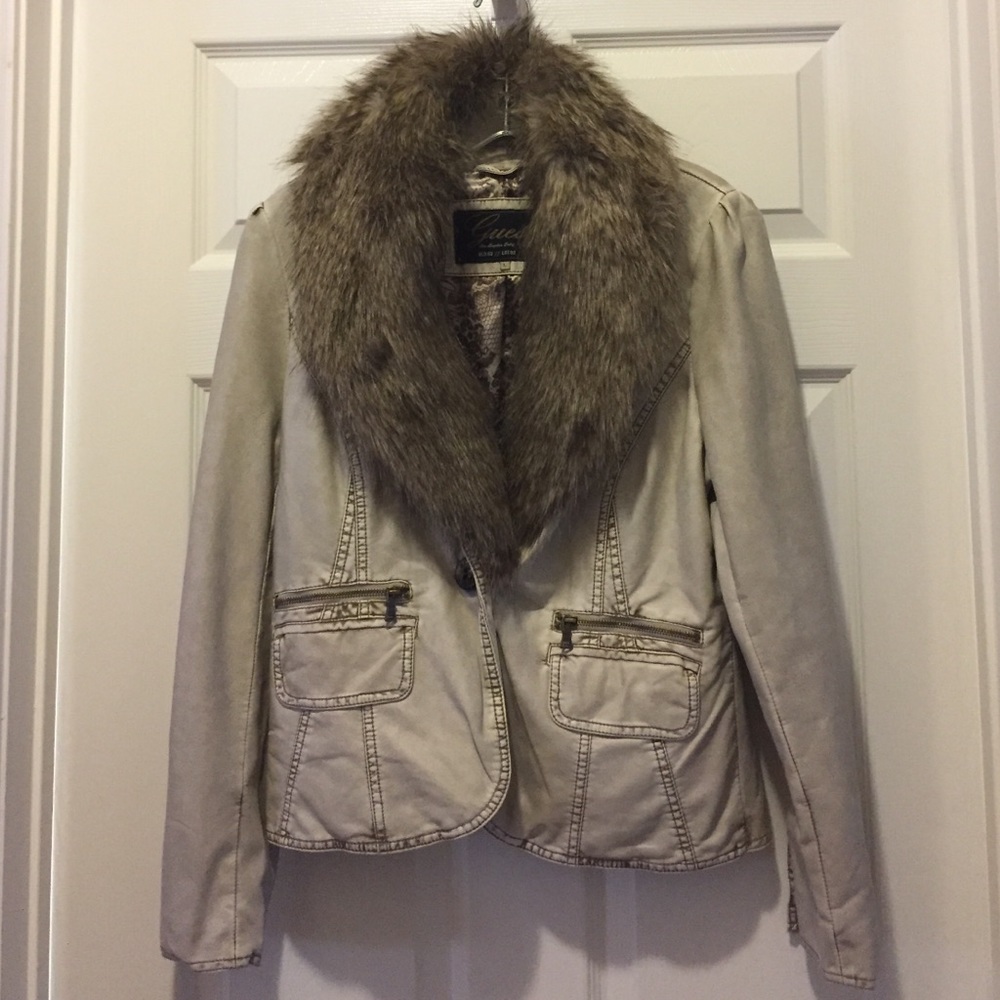 Guess faux leather jacket with fur trim, Large